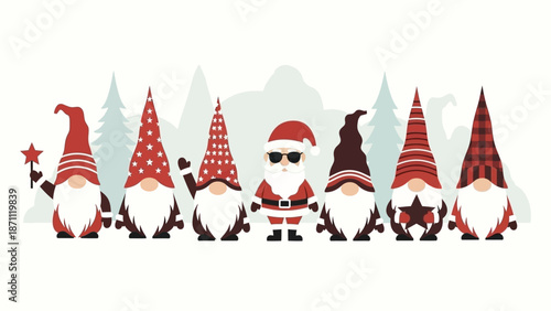 Cute Christmas Gnomes and Santa Claus characters with winter forest background