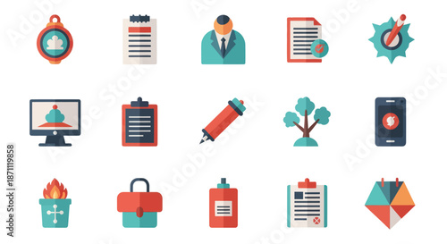 Colorful Flat Icon Set Representing Various Business Concepts.