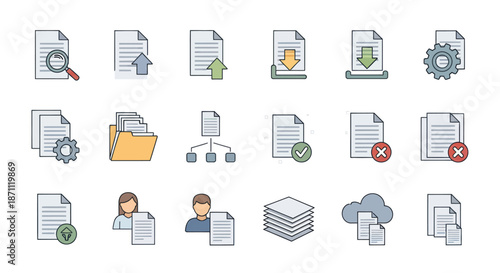 Collection of colorful document icons representing various file management actions.