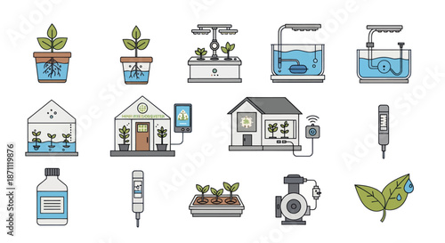 Diverse Hydroponic Systems and Gardening Equipment Illustrations.