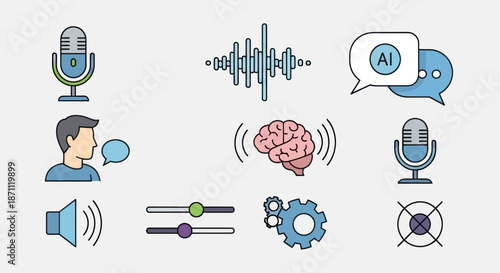Colorful line art icon set for voice recognition and AI assistant technology.