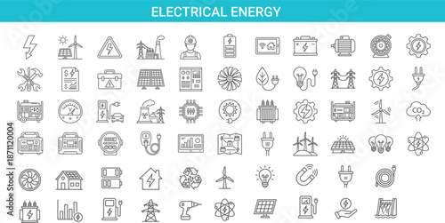 Electrical energy icon set featuring renewable power, batteries, generators, grid technology, sustainability symbols, outline vector collection for web, app, infographic and clean energy concepts