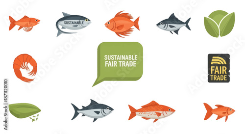 Sustainable Fair Trade and Seafood Icons Collection with Plant Elements.