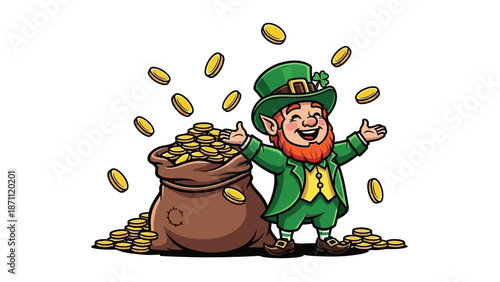 Leprechaun with Bag of Gold Coins and Falling Coins, St. Patrick's Day Theme