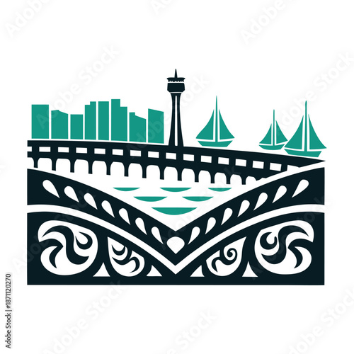 Urban Skyline with Tribal Pattern Bridge and Sailboats Vector