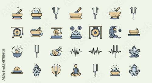 Collection of Holistic Wellness and Sound Healing Icons in Vector Format.