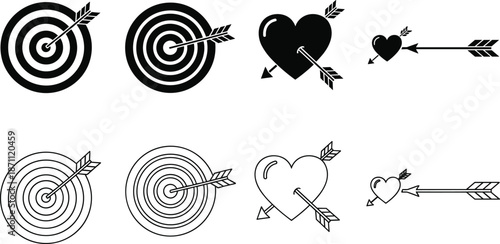 Set of target and heart icons with arrows, featuring bullseye symbols and romantic love heart designs in black flat and outline styles,