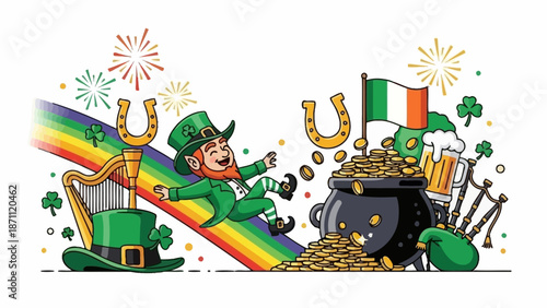 St. Patrick's Day Leprechaun Sliding Down Rainbow with Pot of Gold and Beer
