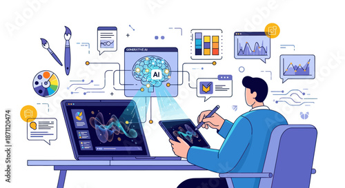 A digital artist at a desk working on a laptop and tablet surrounded by data visualization and creative interface elements.