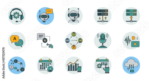 Modern Flat Design Technology AI Data and Communication Icons Set.