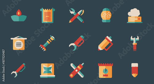Collection of Flat Design Style Construction and Repair Icons on Dark Background.