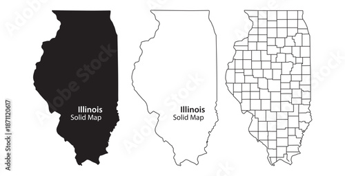 Three styles of illinois state maps including solid filled black solid outline and county divided grid lines on white background with vector illustration