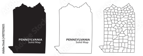 Pennsylvania map illustrations in black and white with county lines with vector and state and USA and geography and graphic and solid and outline