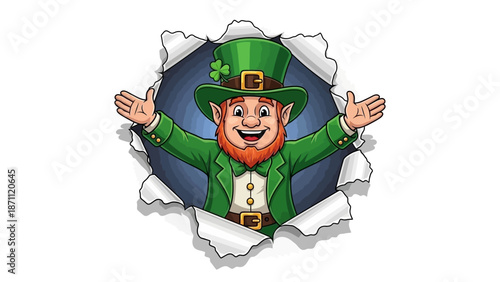 Cheerful Leprechaun Peeking Through Torn Paper for St. Patrick's Day Celebration