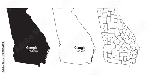 Georgia state map in three different styles including solid black line art and county outline on white background for geographic and educational purposes