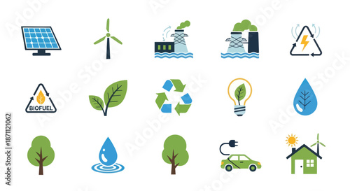 Collection of Colorful Eco-Friendly Icons Representing Renewable Energy Sources.