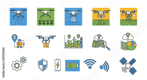 Collection of Icons Representing Drone Technology and Agriculture.