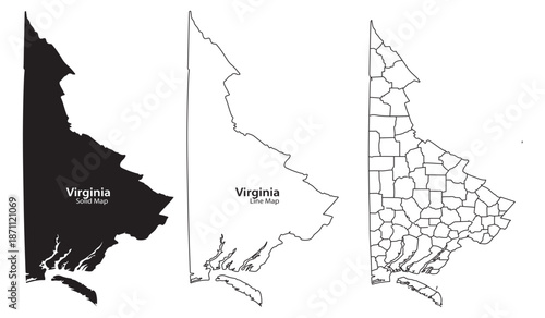 Virginia state maps in three different styles including solid black line art and county divisions on white background for geographic and educational purposes