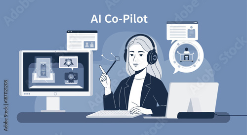 Female operator with headphones using an AI Co-Pilot assistant for customer support at her computer workstation.