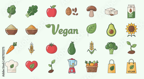 Vegan Food Icons: Colorful Vector Illustration of Healthy Plant-Based Ingredients.