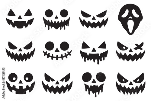 Spooky cartoon Halloween faces set featuring jack-o'-lanterns, angry and dripping pumpkin expressions, and a ghost mask for seasonal decorations and party designs