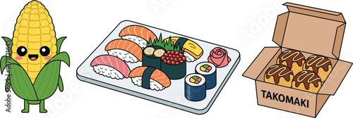 Cute kawaii corn character with sushi platter set and takomaki box isolated on white background Japanese food and vegetable vector illustration