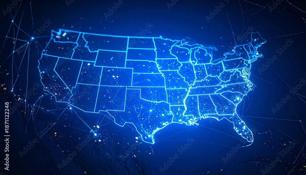 Obraz premium Glowing digital map of USA with bright blue state outlines and scattered data nodes