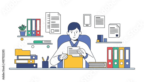 Office worker organizing documents at desk with files folders shelves and plant flat illustration