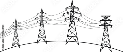 High voltage power transmission towers illustration, black electric grid infrastructure, energy distribution lines, industrial utility concept, outline style
