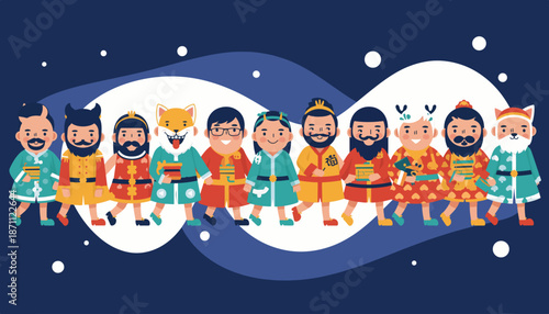 Diverse group of cartoon characters representing various cultures and traditions.