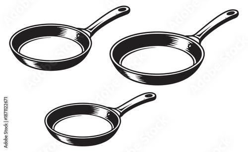 Hand drawn line art frying pans set featuring multiple perspectives for kitchen and cooking concepts