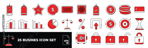 Set of 25 Business and Finance icons in dual tone style. Money, scales, contacts, infographics. Icon collection. Vector illustrations.