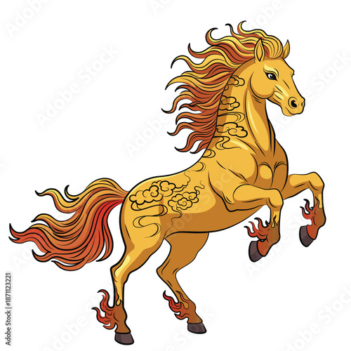 A large, golden horse stands on two legs, its tail and long mane spreading out.