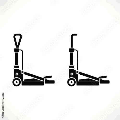 Two black silhouette illustrations of hydraulic floor jacks with wheels