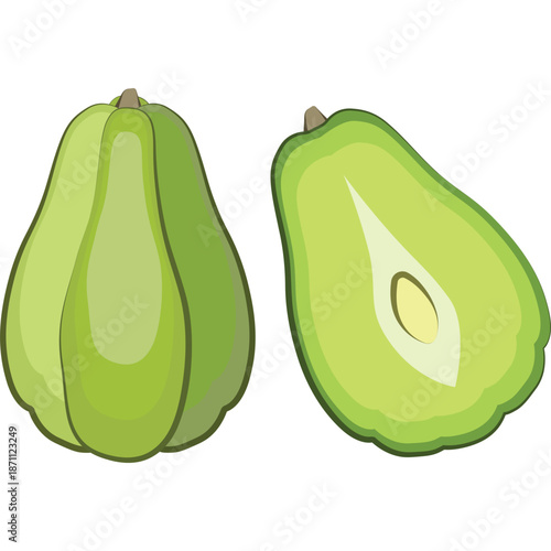Chayote Squash, Whole and Halved