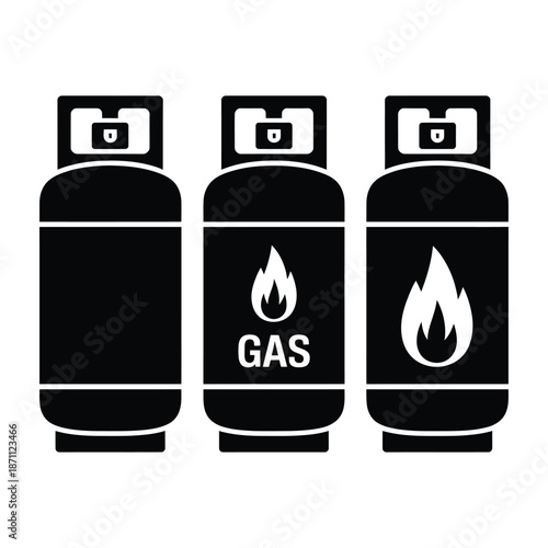 Three black gas cylinder icons with flame and gas labeling