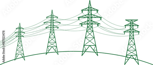 High voltage power transmission towers illustration, green electric grid infrastructure, energy distribution lines, industrial utility concept, isolated