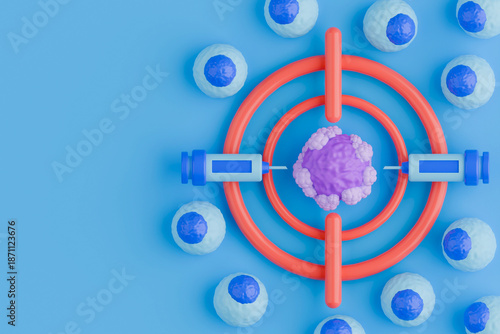 3D medical illustration showing cancer cell targeted by crosshair and syringes, while being surrounded by normal, healthy cells. Represents targeted therapy and precision medicine.