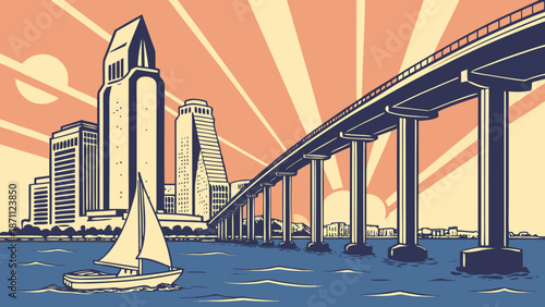 San diego skyline features a bridge sailboat against the vibrant sky. Ideal for travel brochures, city guides, or coastal promotions.