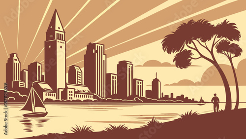 Sepiatoned san diego skyline illustration with lake and lone fisherman silhouette suitable for travel brochures, postcards, city guides, or nature themes.