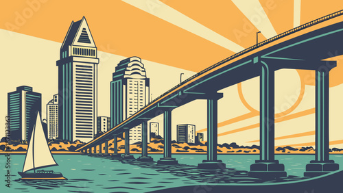 San diego skyline, coronado bridge, sailboat sailing towards vibrant cityscape. Ideal for travel brochures, website banners, coastal destination promotions.