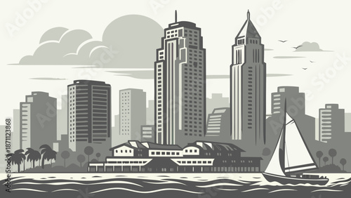 San diego skyline with skyscrapers, boats, and water reflections. Suitable for travel brochures, city guides, website banners, and social media posts.