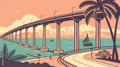 San diego skyline with coronado bridge framing sailboat on the water, perfect for travel websites and brochures showcasing cityscapes.