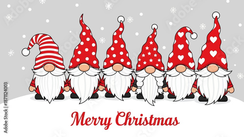 Cute Christmas Gnomes with Red Hats and White Beards on Snowy Background