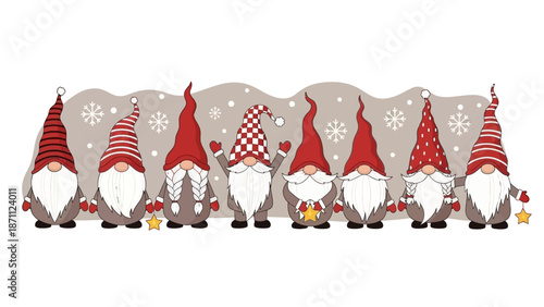 Cute Christmas Gnomes with Santa Hats and Stars, Festive Winter Holiday Characters