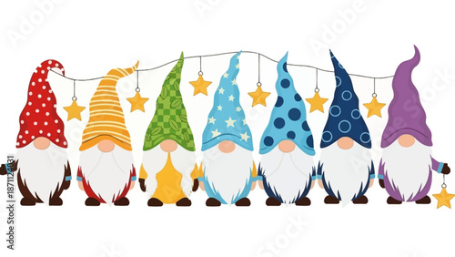Cute Gnome Characters with Festive Hats and Stars on a String Banner