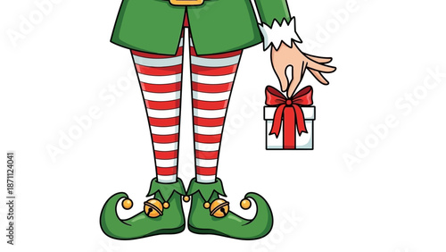 Festive Elf Legs with Striped Stockings and Jingle Bell Shoes Holding a Gift