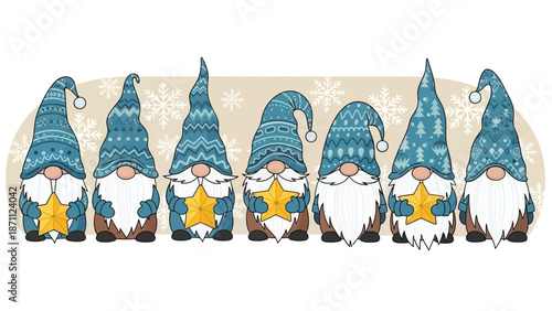Cute Winter Gnomes Holding Stars with Snowflake Background - Holiday Festive Design