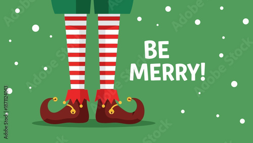 Cute Elf Legs with Striped Socks and Jingle Bell Shoes on Green Background with Snowflakes