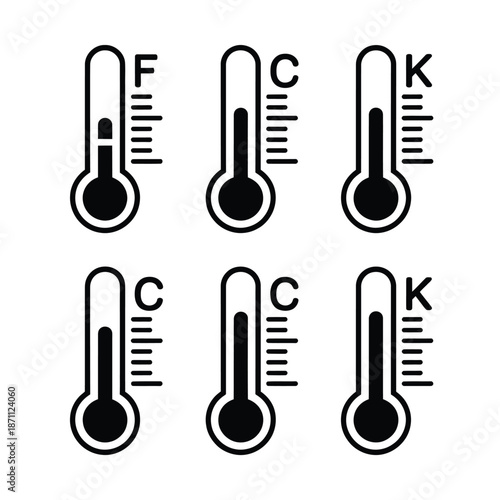 Simple black thermometers displaying fahrenheit celsius and kelvin scales